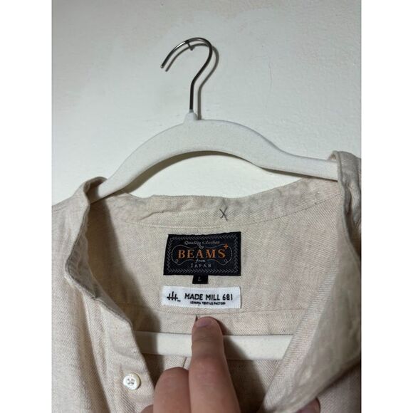 Beams Plus Band collar popover shirt natural cotton/linen herringbone sz Large - Picture 5 of 6